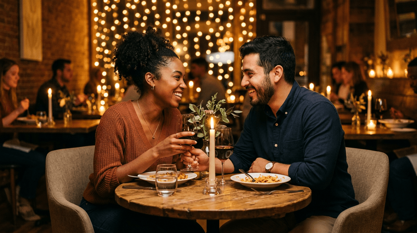Couple enjoying a warm, romantic dinner together at a candlelit table